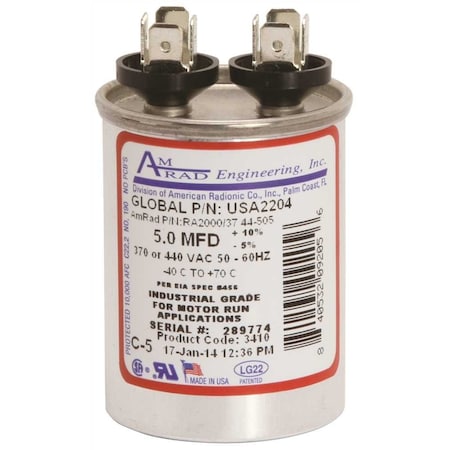 Amrad Engineering ROUND USA-MADE MOTOR RUN CAPACITOR, 5 MFD, 370/440 VAC USA2204
